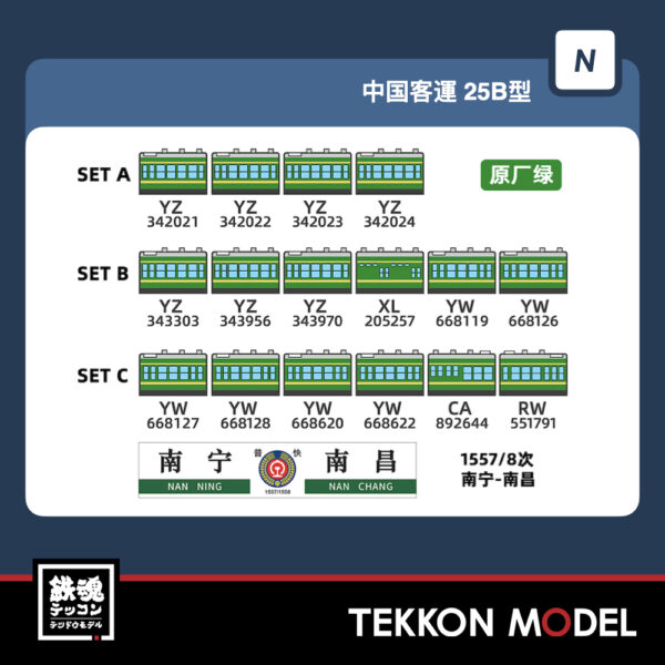 Nｹﾞｰｼﾞ  長鳴 CHANGMING 25B型 客車 1557/8次 ｾｯﾄA+ｾｯﾄB+ｾｯﾄC (16両) 室内灯標準装備  2025年8月入荷予定 - 画像 (4)